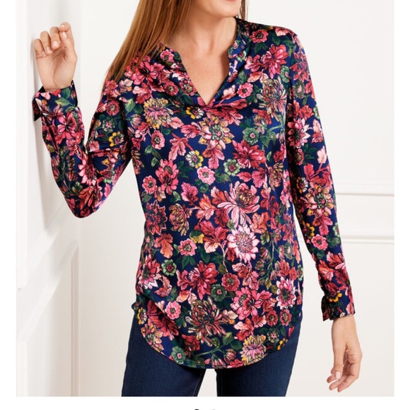 Talbots Tops - Talbots Soft Satin Charmeuse Top Stunning Floral Split Neck Long Cuffed Sleeve